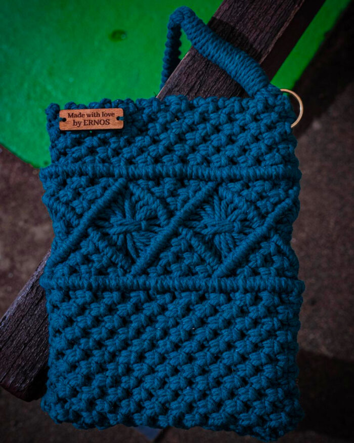 Deep Blue Macramé Crossbody Bag with Geometric Pattern