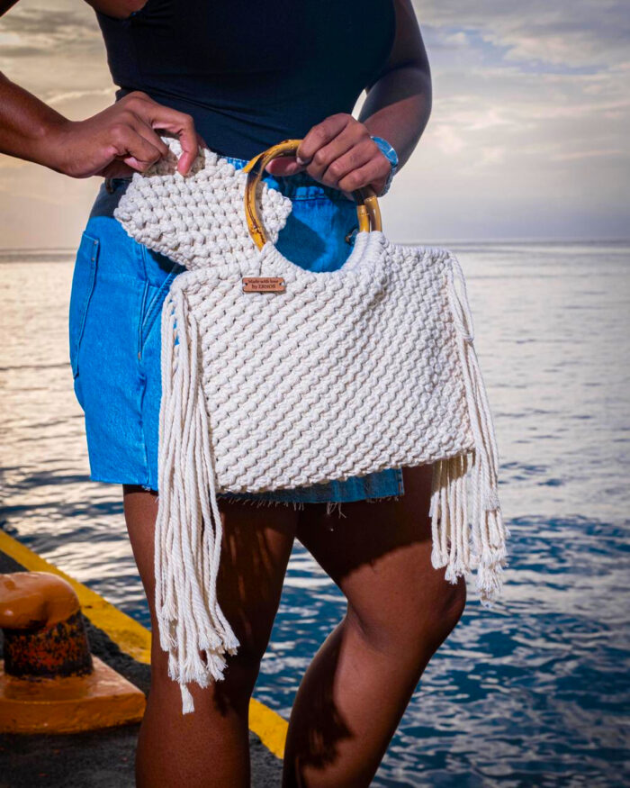 Elegant White Macramé Tote with Bamboo Handles and Fringe