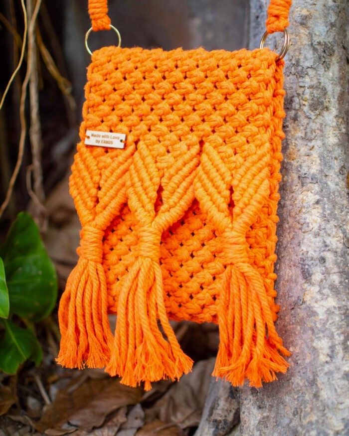 Bold Orange Macramé Clutch with Triple Tassel Design