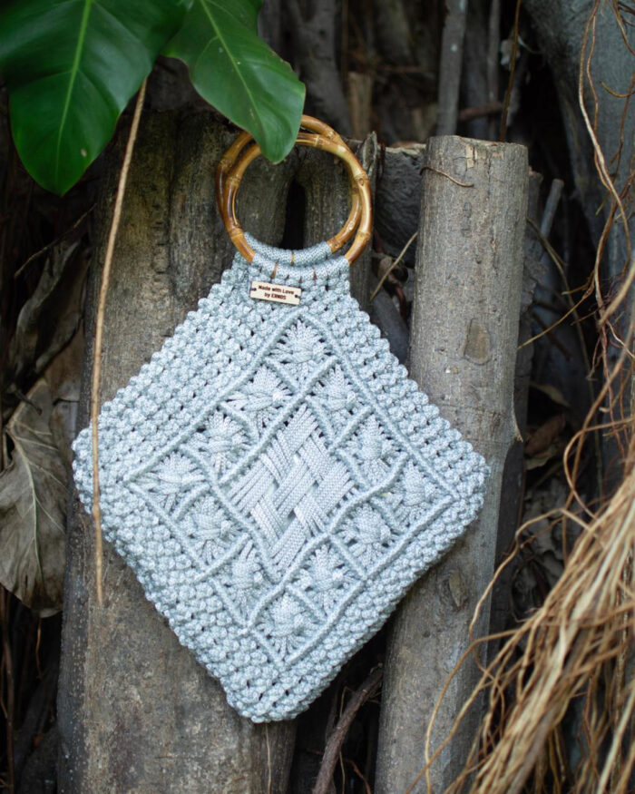 Intricate Grey Diamond Macramé Handbag with Bamboo Ring Handle
