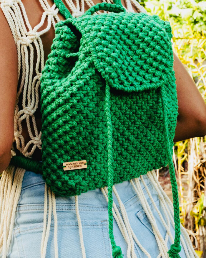 Vibrant Green Macramé Backpack with Flap Closure