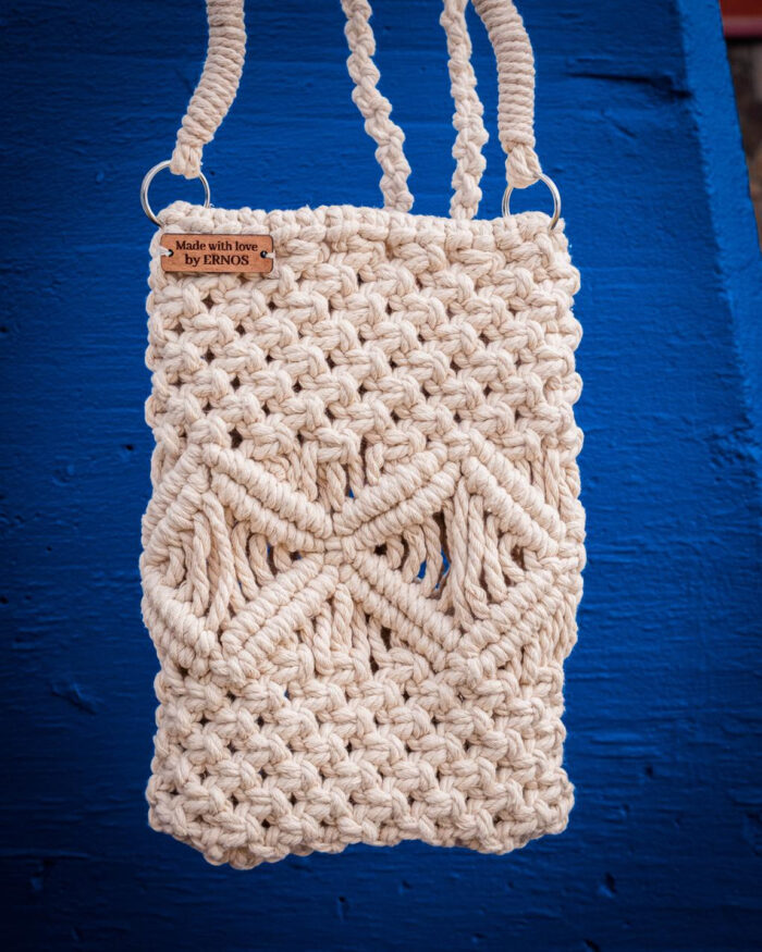 Natural Beige Macramé Crossbody Bag with Geometric Pattern