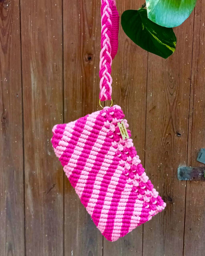 Pink and White Striped Macramé Wristlet with Floral Accents