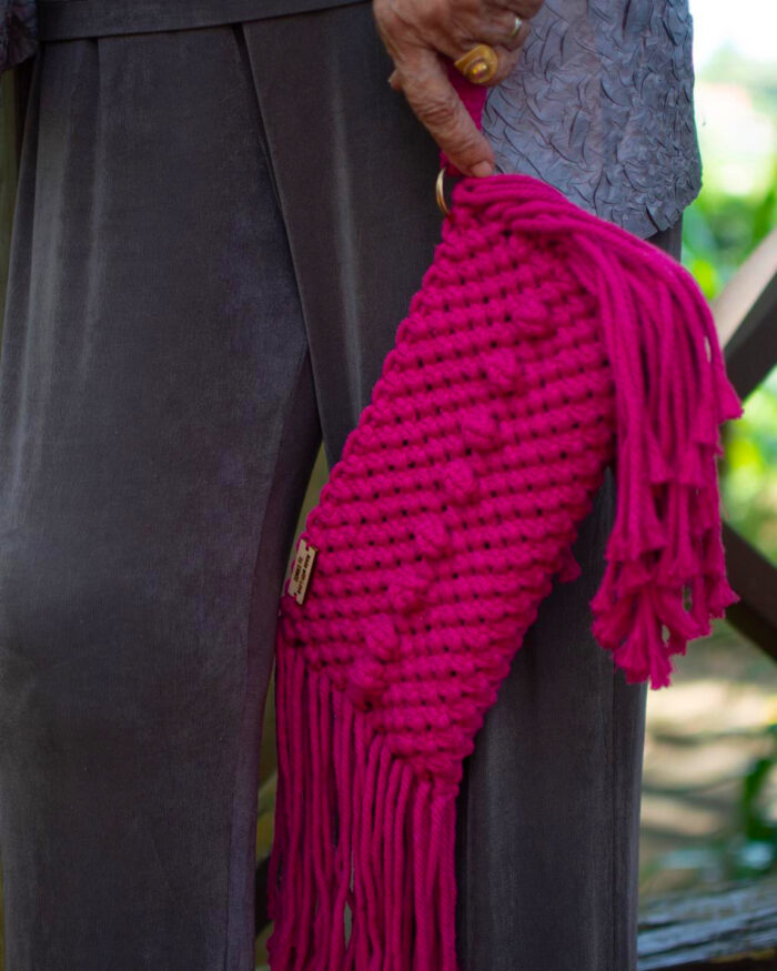 Chic Pink Macramé Clutch with Fringe Detail