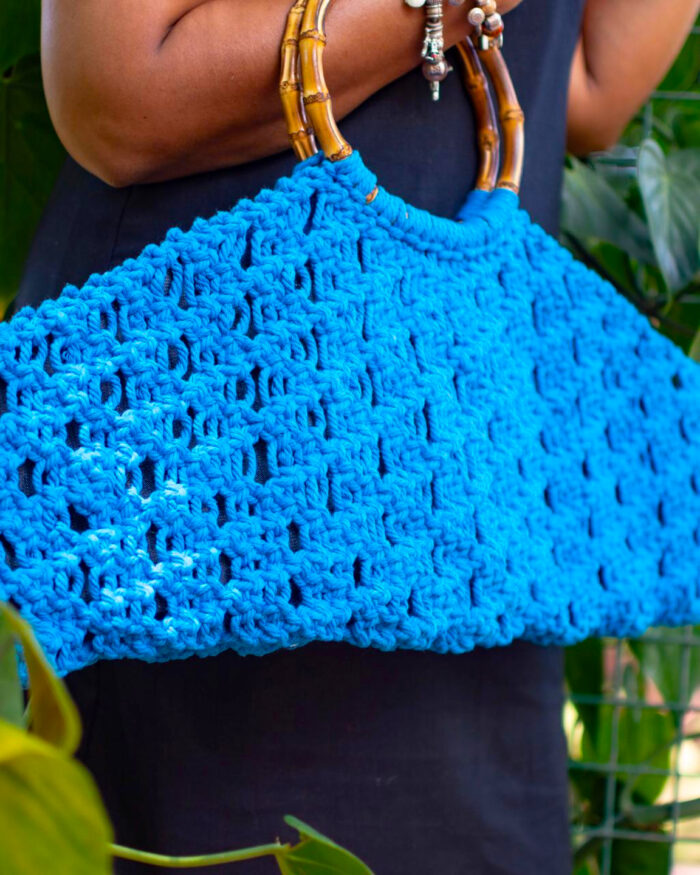 Handcrafted Blue Macramé Bag with Bamboo Handles