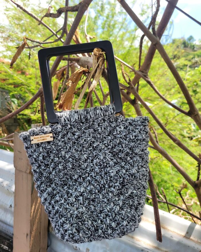 Textured Black and White Macramé Tote with Modern Handle
