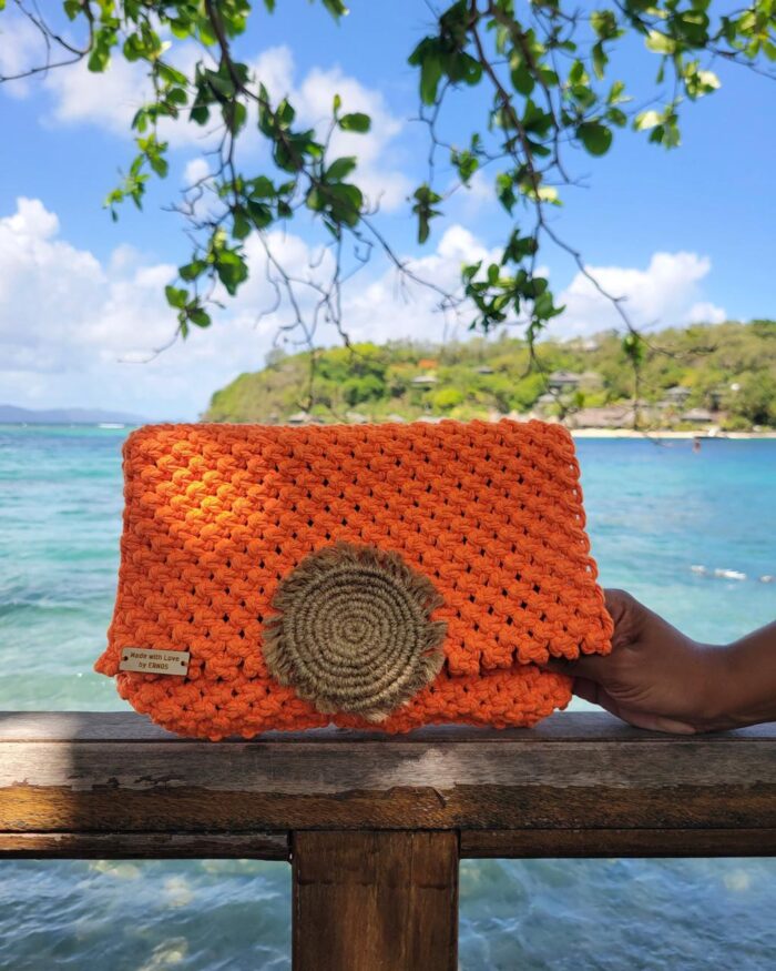 Bright Orange Macramé Clutch with Woven Circular Accent