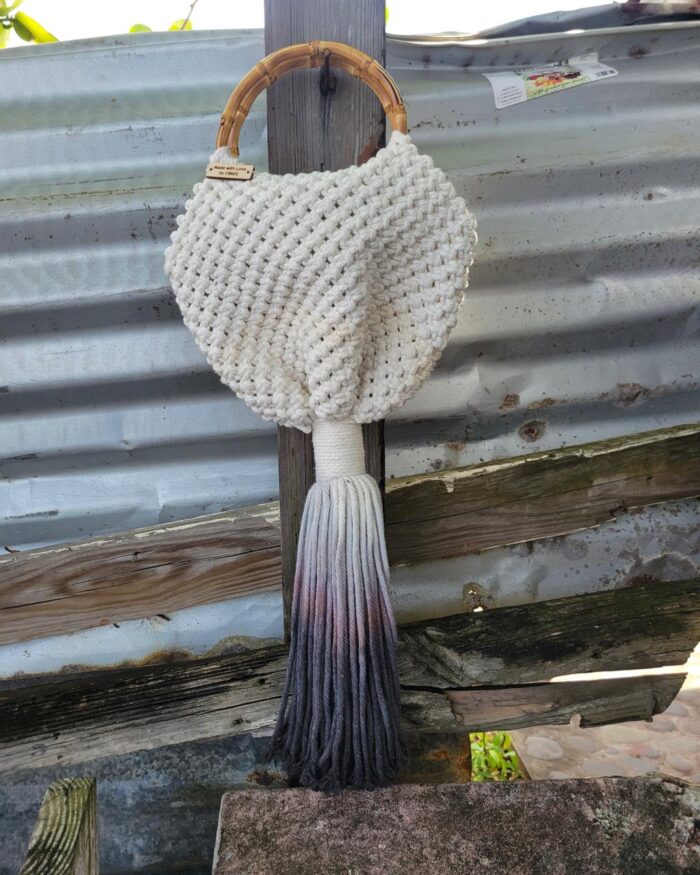 Ivory Macramé Handbag with Bamboo Handle and Ombre Tassel