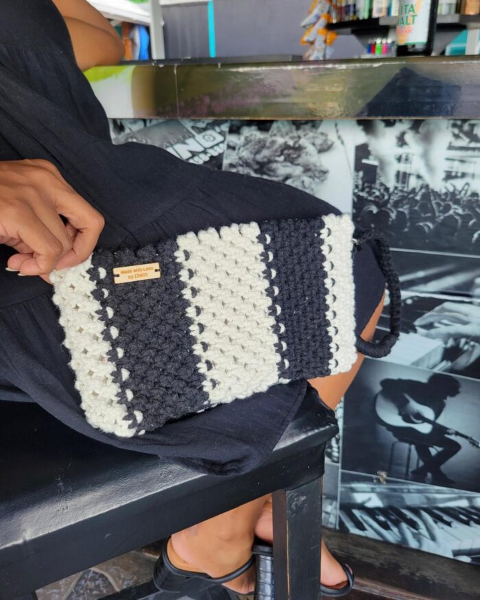 Black and White Striped Macramé Clutch
