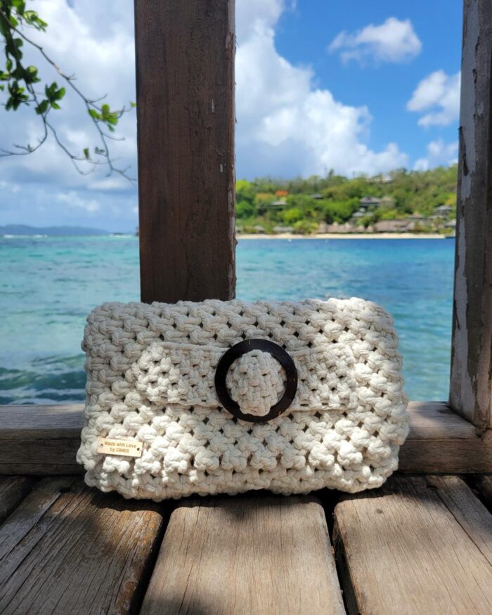 Ivory Macramé Clutch with Wooden Ring Closure