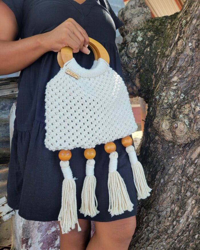 Ivory Macramé Handbag with Wooden Handles and Tassel Accents
