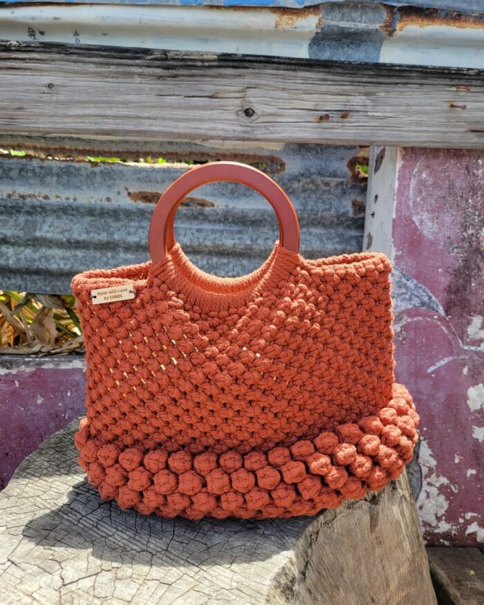 Terra Cotta Macramé Tote with Circular Handles and Textured Base