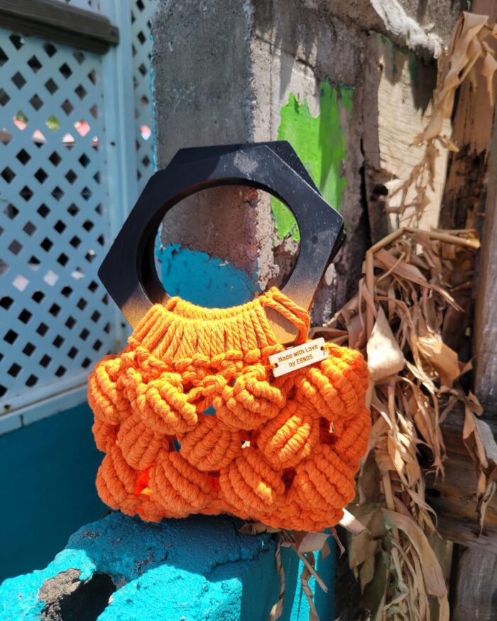 Bold Orange Macramé Mini Handbag with Geometric Handle