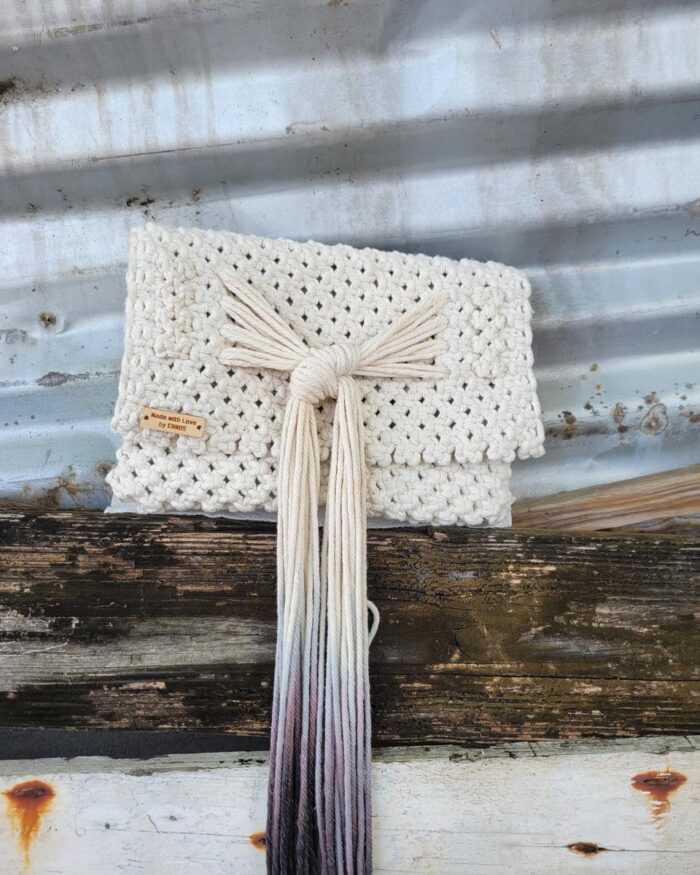 Ivory Macramé Clutch with Ombre Tassel Accent