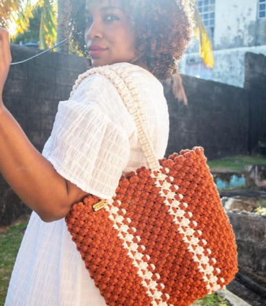 Stylish Red Orange Macrame Tote Bag With White Accents and White Handles