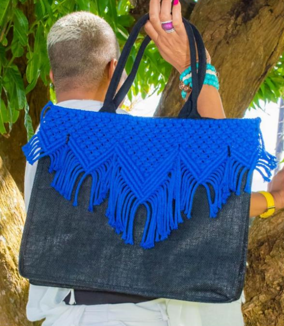 Large Black Tote Bag With Blue Macrame Accents