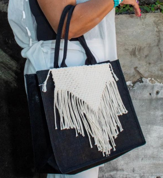 Large Black Tote Bag with Ivory Macrame design
