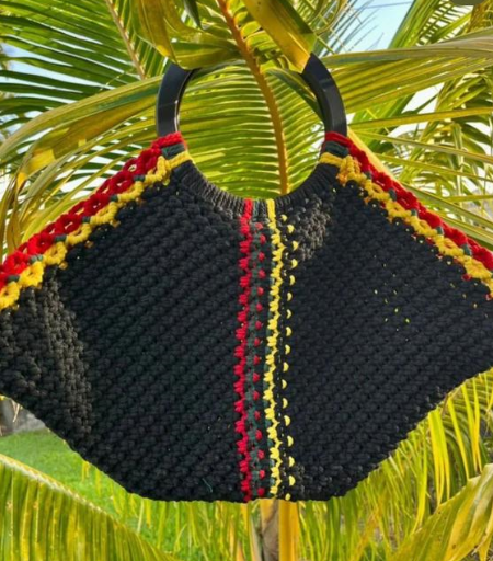 Black Boho Bag With Red And Yellow Accents and Ring Handle