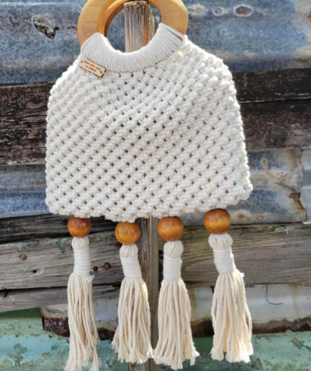 White Semi Formal Bag with Hanging Wooden Beads and Ring Handles