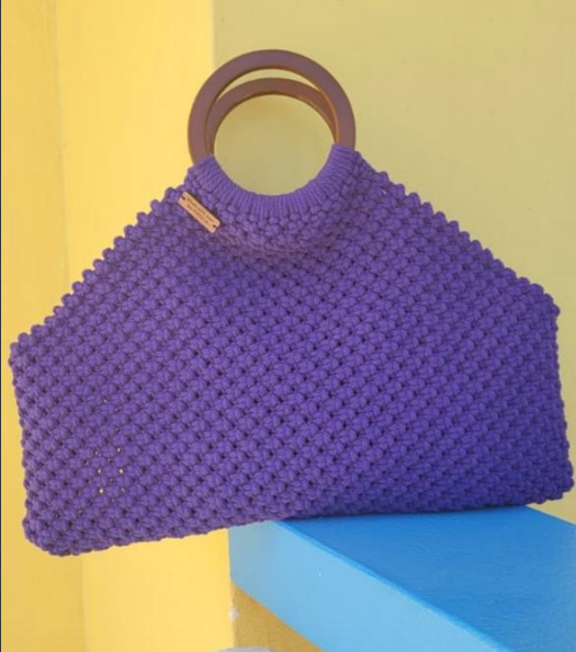 Unique Purple Macrame Tote Bag with Wooden Ring Handles